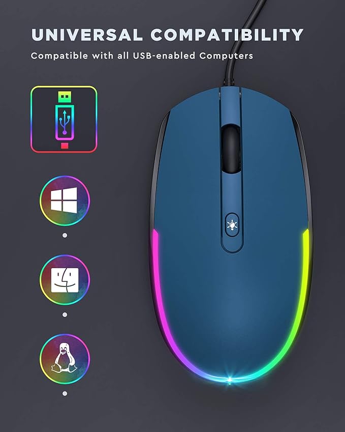 seenda Wired Mouse - USB Computer Mice Wired with RGB Backlit Optical LED Mouse with Attached USB Cord for Laptops Notebooks Chromebook - Blue & Black
