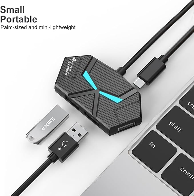 USB Hub 2.0, Multi-Port USB Hub,USB Extender with Extra Power Port for Laptop, PC, Xbox, Gamepad,Flash Drive, HDD, Console, Printer, Camera,Keyborad, Mouse,USB Fan (4-Port USB C 2.0)