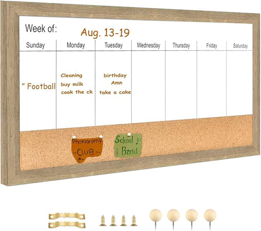 Magnetic Weekly Dry Erase White Board and Cork Board,Rustic Brown Wood Frame，Magnetic Surface Whiteboard for Home Office and Wall Decor(ZHZL-3060QZ)