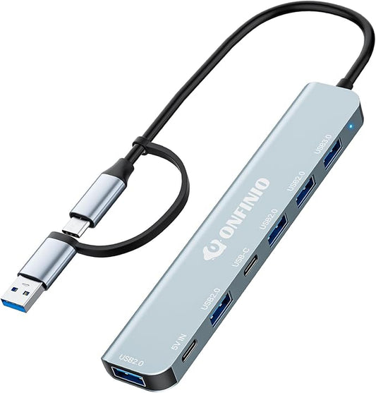 USB C/USB Hub Multiport Adapter,7 in 1 Aluminum USB 3.0 Hub with 1 *USB 3.0, 4*USB 2.0,1*USB C and 1 * 5IN Power Port for PC/Laptop/MacBook/iPad Pro and More Devices