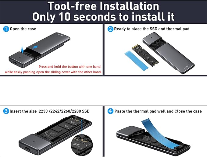 M.2 NVMe SATA SSD Enclosure Adapter Tool-Free,Sokiwi USB 3.2 Gen2 10Gbps External to USB PCI-E 6Gbps SATA M-Key / B+M Key, NVMe Reader Support UASP Trim for SSDs 2230/2242/2260/2280
