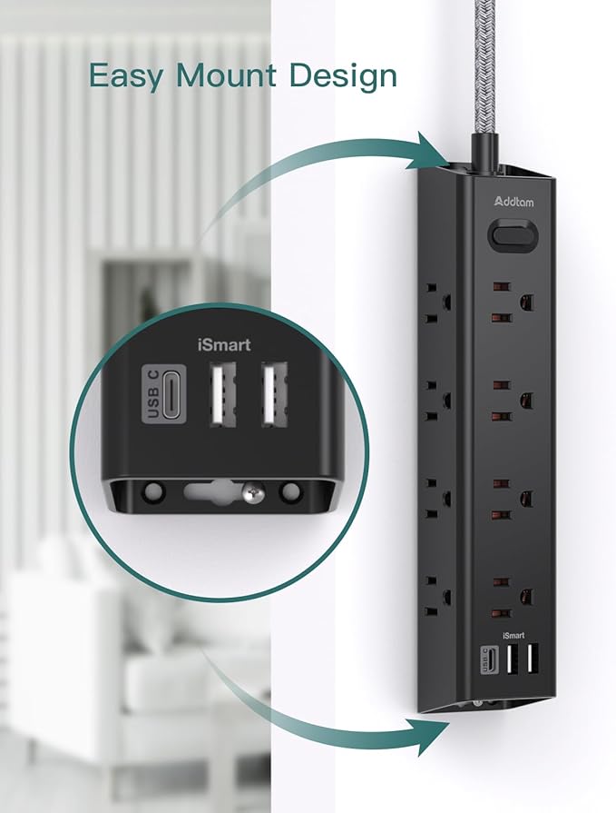 Surge Protector Power Strip - 20 FT Extension Cord, Power Strip with 12 Widely AC Outlet 3 USB, Flat Plug Wall Mount Overload Protection, 1050J, Desk Charging Station for Home Office, ETL Listed,Black