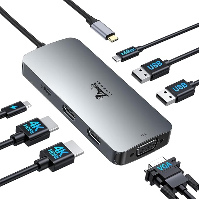 USB C Docking Station Dual Monitor, LIONWEI Laptop Docking Station with Dual 4K HDMI, VGA, 100W PD, 3 USB, USB C Hub Multiport Adapter for Dell, Lenovo, HP, Surface