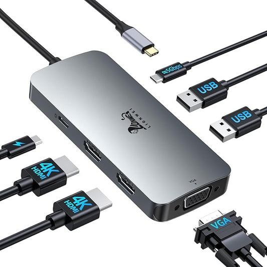 USB C Docking Station Dual Monitor, LIONWEI Laptop Docking Station with Dual 4K HDMI, VGA, 100W PD, 3 USB, USB C Hub Multiport Adapter for Dell, Lenovo, HP, Surface