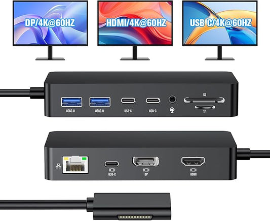 New Surface Docking Station, 12-in-1 Surface Dock 4K@60Hz Triple Display with HDMI, USB-C, DisplayPort for Surface Pro 11/10/9/8/X/7/6/5/4/3, Surface Laptop 7/6/5/4/3/2/1, Surface Book & Go