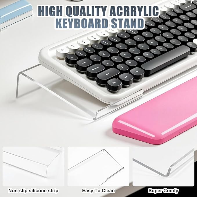 Acrylic Computer Keyboard Stand with Gel Wrist Rest Set,Ergonomic Keyboard Riser for Desk Easy Typing with Gel Keyboard Pad, Anti-Slip Comfort Keyboard Wrist Pad Relief Pain (Pink)