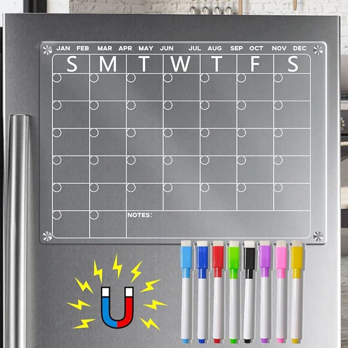 Magnetic whiteboard for Refrigerator，Dry Erase Calendar for Fridge，Calendar Board，Clear Monthly Planner with 8 Color Markers，16.5 * 11.7inch (Monthly)