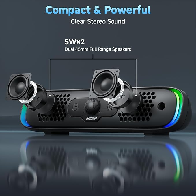 SOULION Computer Speakers, USB C/USB Powered PC Speaker with Colorful LED Lights, Plug-N-Play Wired Bluetooth Sound bar with Rotary Control for Desktop Laptop Monitor Office Work Music Black