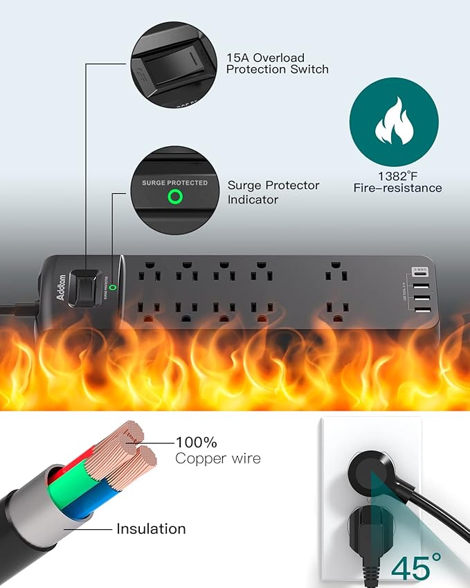 Power Strip - Addtam Surge Protector with 10 Outlets and 4 USB Ports, 6 Feet Extension Cord with Flat Plug, 2700 Joules, ETL Listed, Black