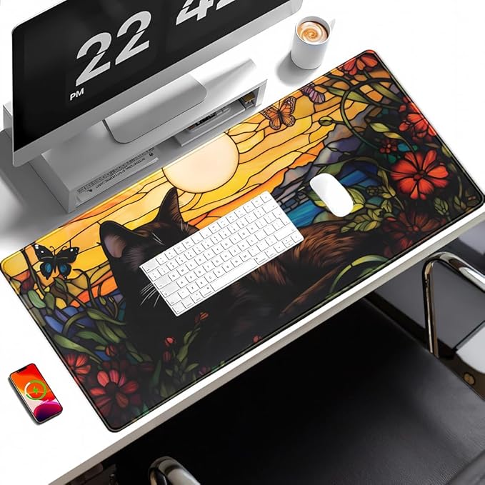 Black Cat Desk Mat Retro Flower Mouse Pad Large Mousepad, Enamel Aesthetic Gaming Mouse Pad Boho Desk Pad Large Decor Computer Mat, with Stitched Eges Non-Slip Base Mouse Pads Accessories 31.5"x15.7"
