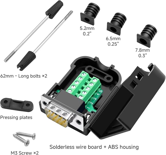 10 Pcs DB9 Male Breakout Connector, 9 pin RS232 connectors, Solderless D-SUB RS485 Serial Adapter Module Board with Screw Terminals, Case, Long Bolts