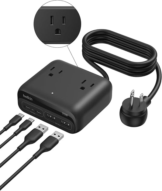 Belkin GaN Charging Station 70W, 7-in-1 Dual USB C Charger w/ 3X AC Outlets, 2X USB A Ports - Power Strip for iPhone, Apple Watch, iPad, MacBook, Chromebook, Samsung Galaxy, Pixel 10, & More - Black