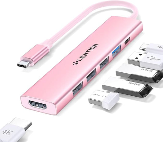 LENTION USB C Hub Multiport Adapter with 100W Charging, 4K HDMI, 4 USB-A Data Ports, Type C Hub for 2016-2026 MacBook Pro/Air/Neo, Surface, Chromebook, USB Splitter for iPhone 15-17 (CH17, Rose Gold)