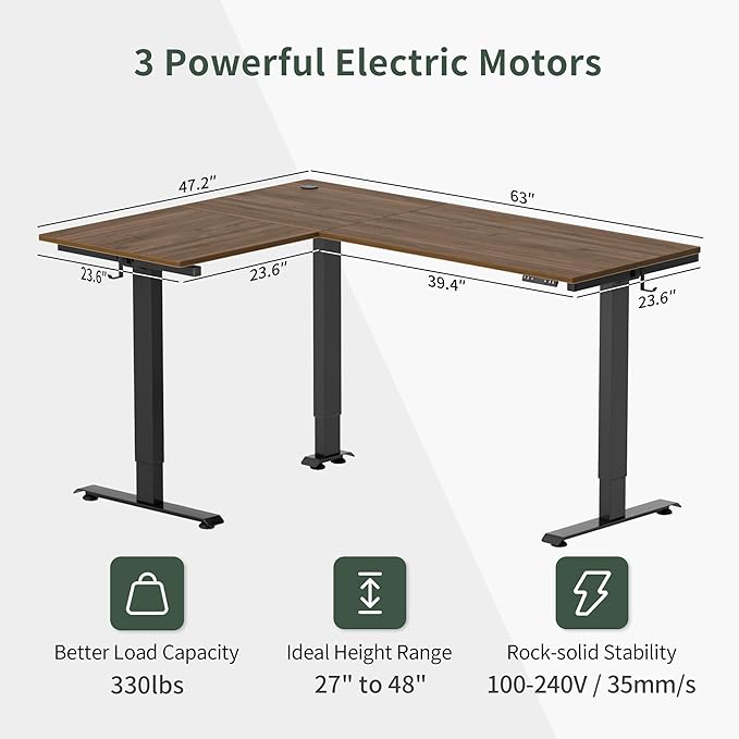 FEZIBO Triple Motor L-Shaped Electric Standing Desk, 63 Inches Height Adjustable Stand up Corner Desk, Sit Stand Workstation with Splice Board, Black Frame/Black Walnut Top
