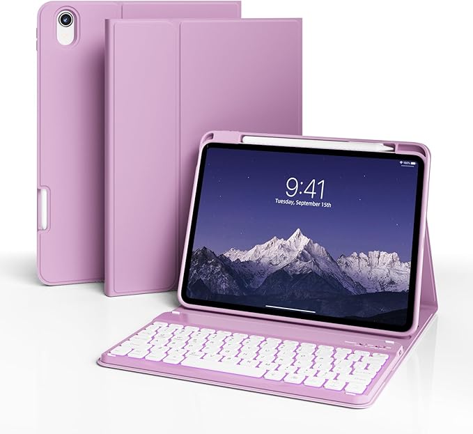 for iPad (A16) 11th Generation 2025 11-inch/10th Generation 2022 10.9 inch with Keyboard, 7 Colors Backlit Square Keycaps, Detachable Wireless Bluetooth Keyboard Case with Pencil Holder, Purple