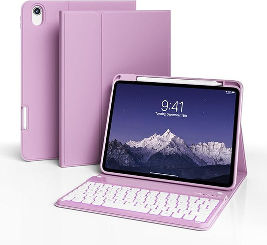 for iPad (A16) 11th Generation 2025 11-inch/10th Generation 2022 10.9 inch with Keyboard, 7 Colors Backlit Square Keycaps, Detachable Wireless Bluetooth Keyboard Case with Pencil Holder, Purple