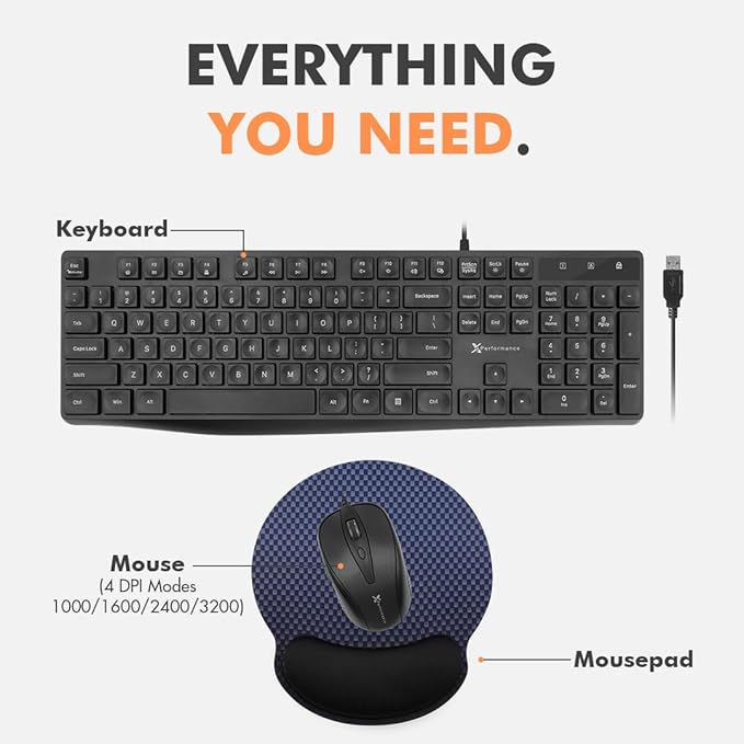 X9 Wired Keyboard and Mouse Combo | USB Mouse and Keyboard (Mouse Pad Included) Ergonomic Full Size Corded Computer Keyboard and Mouse for PC Windows Desktop Laptop
