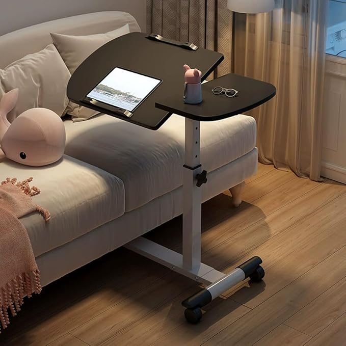 Japard Portable Computer Desk with Wheels, Mobile Laptop Stand, Rolling TV Tray Table, Computer Desk, 360° Rotatable Overbed, Home Office, Black White