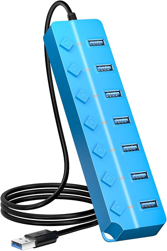 USB Hub 3.0, 7-Port USB Hub Splitter with Individual On/Off Switches and Lights, 3.2ft/1m Long Cable Compatible with MacBook, Laptop, Surface Pro, PS4, PC, Flash Drive, Mobile HDD-Blue