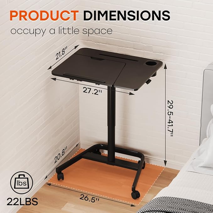 JOY worker Mobile Standing Desk, Height Adjustable Table, 60° Tiltable Rolling Laptop Desk, Portable Sit Stand Desk with Wheels Cup Holder for Bed Couch Hospital, Holds Up to 22lbs, Black