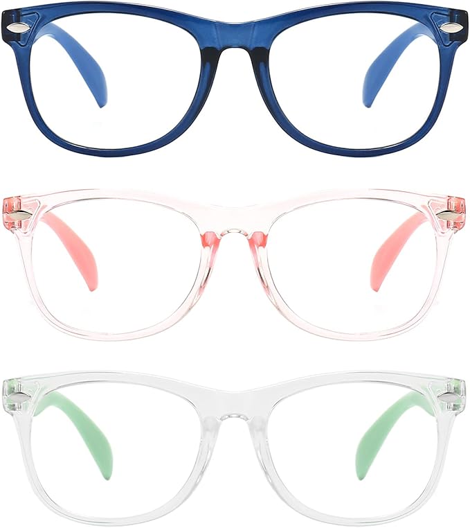 3 Pack kids Blue Light Blocking Glasses For Girls And Boys Computer Blue Light Blocking Glasses For Age 3-9 (Dark blue + Light pink +Light green)