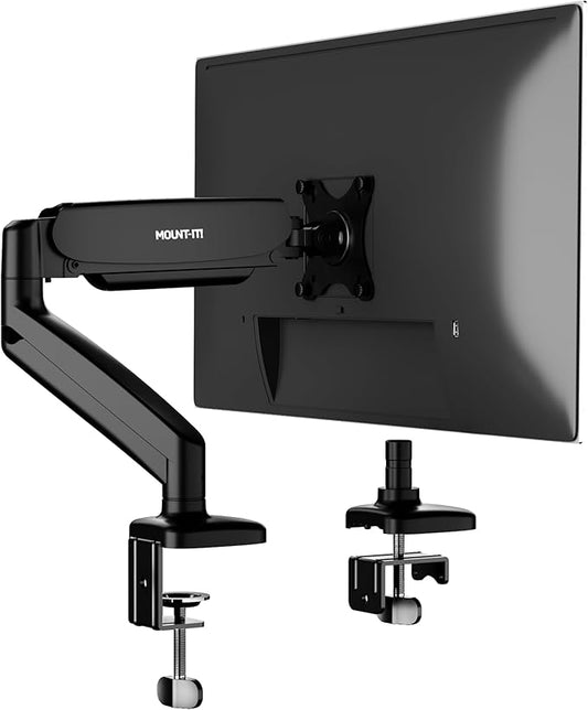 Mount-It! Single Monitor Arm Desk Mount, Gas Spring Monitor Mount, Fits 13–32" Screens up to 17.6 lbs, VESA 75x75 & 100x100, Full Motion Tilt Swivel Rotate, C-Clamp & Grommet Base