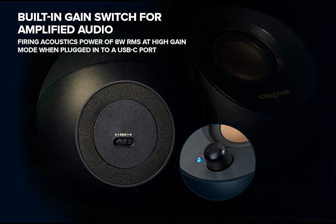 Creative Pebble V2 - Minimalistic 2.0 USB-C Powered Desktop Speakers, 3.5 mm AUX-in, Up to 8W RMS Power for Computers and Laptops, Type-A Adapter Included and Extended Cable (Black)