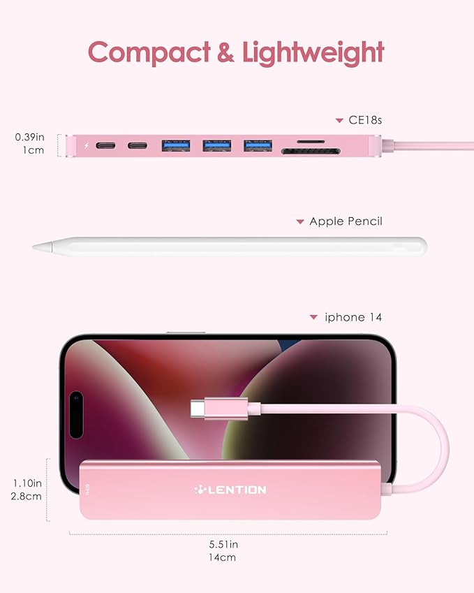 LENTION 8-in-1 USB-C Hub with 4K 60Hz HDMI, 100W Power Delivery, 5Gbps USB C Data, 3 USB 3.0 and microSD & SD Card Reader for 2025-2016 MacBook Pro, New Mac Air/Surface, More (CB-CE18s, Rose Gold)