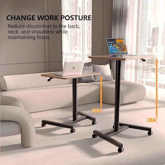 28-Inch Mobile Standing Desk, Adjustable Computer Desk, Portable Standing Desk with Lockable Wheels, Rolling Table for Home Office Classroom Hospital (Walnut)