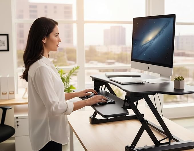 Mount-It! 48.5" Electric Standing Desk Converter for Dual Monitors, Motorized Sit Stand Electric Desk Riser with USB Port & Device Slot, Keyboard Tray, Adjustable Height Ergonomic Workstation, Black