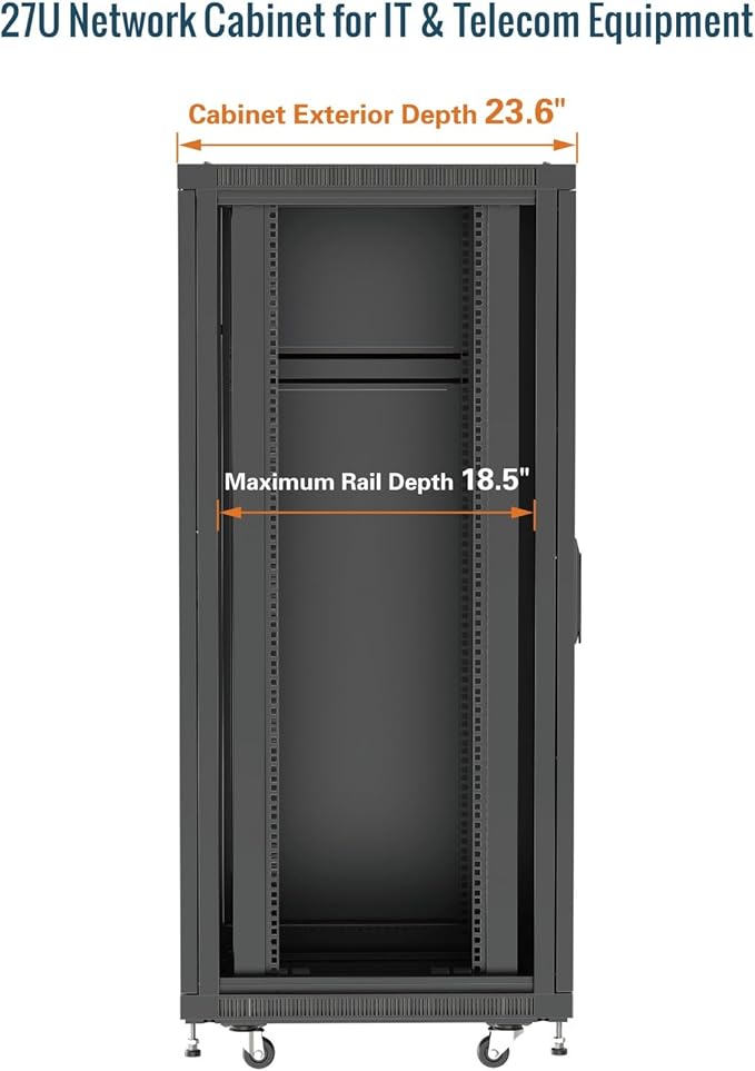 Tecmojo Network Rack Cabinet,27U Server Rack,23.6 Inch Depth,Hold Up to 1800Lbs,Lockable Cabinet with Casters and Complete Accessories,Clear Door,for Home,Office,Small Business (27U 23.6" w*23.6" d)