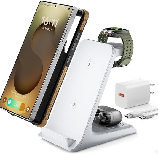 3 in 1 Charging Station for Samsung for Thick Cases of 10MM/Otterbox/Heavy Duty, Wireless Charger for Samsung Galaxy S26 Ultra/S25/S24, Phone Charger Stand for Galaxy Watch and Buds(White)