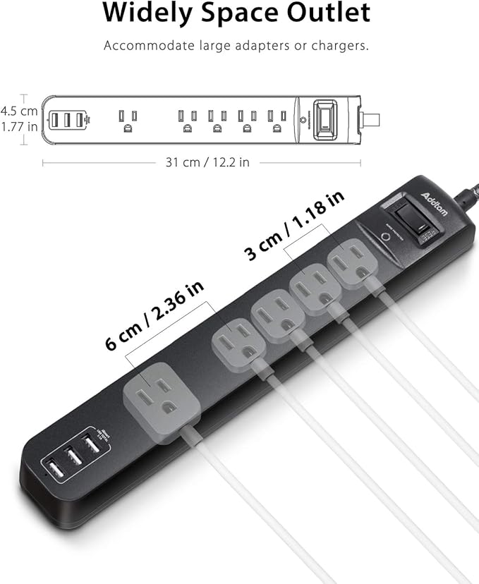10Ft Long Surge Protector Power Strip - Extension Cord with Multiple Outlets, 5 Widely Outlets 3 USB Charging Ports, Flat Plug Overload Surge Protection, Wall Mount for Home, Office ETL Listed, 2 Pack