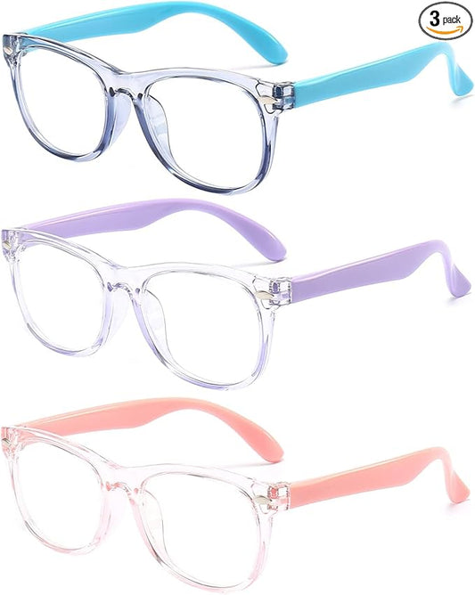 3 Pack kids Blue Light Blocking Glasses for girls boys Computer Blue Light Blocking Glasses For Age 3-9 (Light blue + Light purple + Light pink)