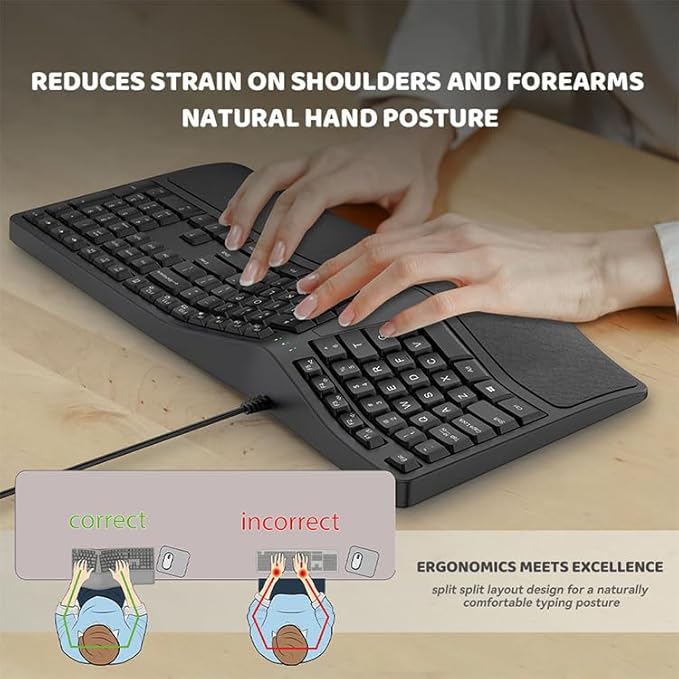 SurnQiee Ergonomic Keyboard Wired with Cushioned Wrist Rest, 110 Keys Split Keyboard for PC (Black)