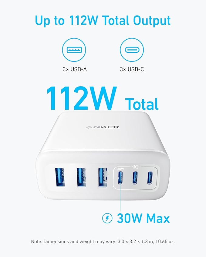 Anker Desktop Charger, Fast Charging USB C Charger with 112W Max 6-Port Desk Accessories for Home Office, Campatible with Multiple Devices, iPhone, iPad, MacBook, Galaxy and More (Cable Not Included)