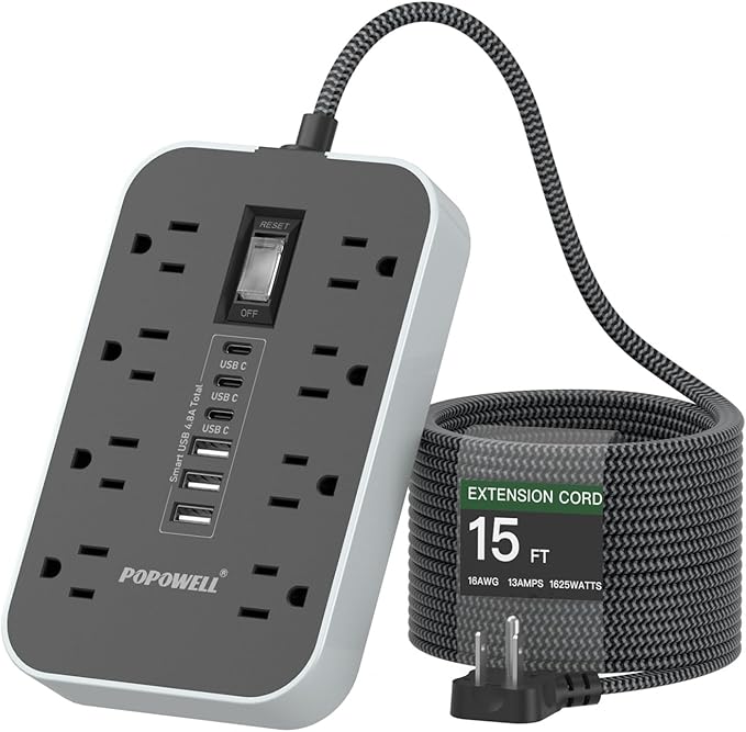 15FT Extension Cord- Power Strip Surge Protector with 8 AC Outlet & 6 USB Charging Block（3 USBC, Ultra Thin Flat Extension Cord 15 feet,1080 J Surge Protection for Home,Office, Desk Essentials.