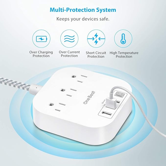 Power Strip with USB C, 3 Outlets 4 USB Ports (22.5W/4.5A) Desktop Charging Station, Flat Plug, 15ft Braided Extension Cord, Non Surge Protector for Travel, Cruise Ship, ETL Listed