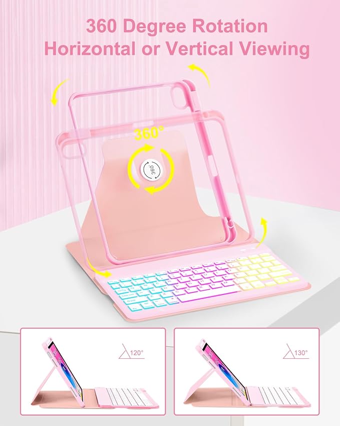 Case with Keyboard Mouse for iPad A16 11th 10th Generation 11/10.9 inch,Rainbow Backlit Detachable Keypad Rotatable Magnetic Cover with Pencil Holder for iPad 11 2025 10 Gen 2022 Pink