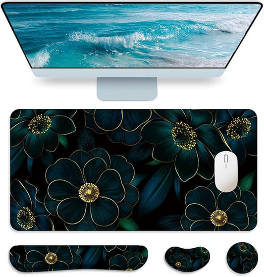 4 in 1 Large Keyboard Mouse Pad Set, Ergonomic Keyboard Wrist Rest Pad, Wrist Support Mousepad Set, Cup Coaster, Extended Desk Mat for Home Game Women Office Desk Decor (Linear Flowers)