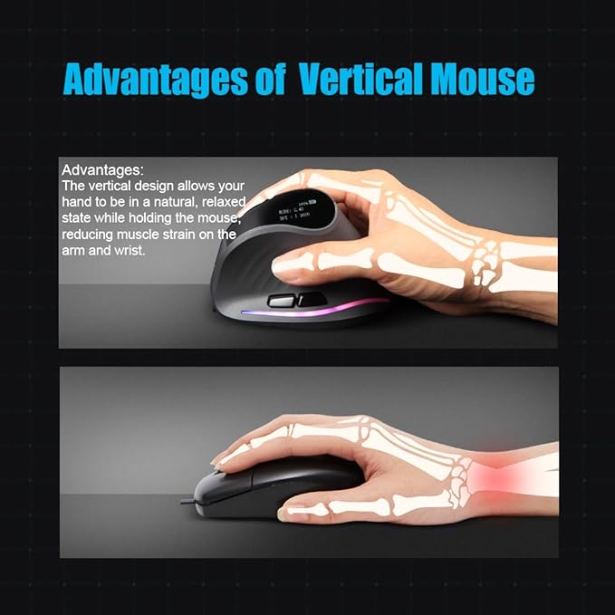 zelotes Wireless Mouse with Display,Portable Bluetooth,4000DPI,2-in-1(BT 5.0/3.0+2.4Ghz),Rechargeable,3 Device Connection,6 Buttons Vertical Ergonomic Mouse for PC,Laptop,Tablets