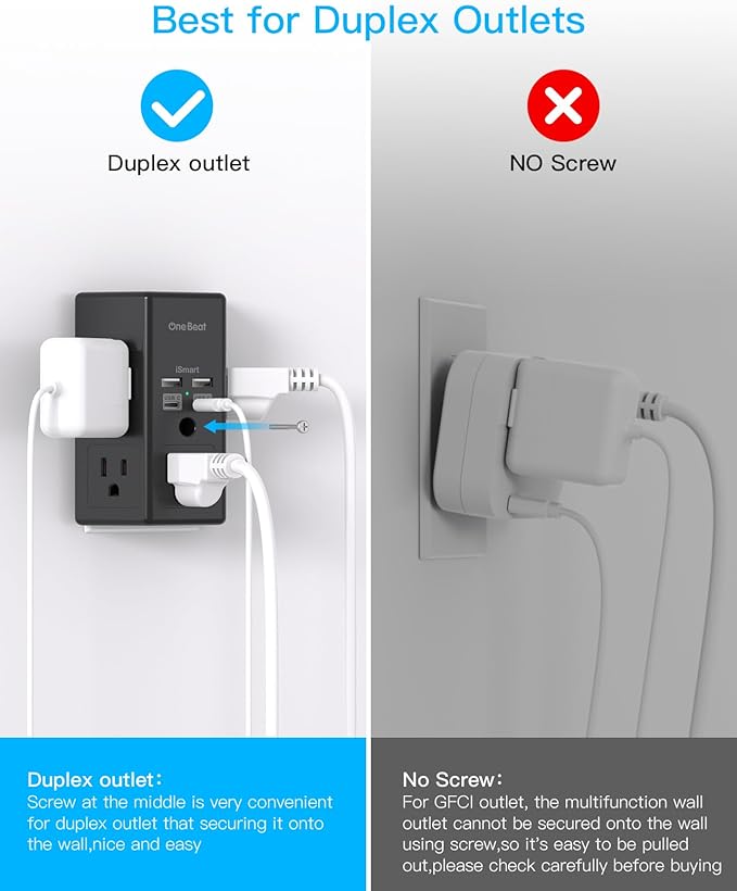 2 Pack Surge Protector, 5 Outlets Extender with 4 USB Ports(USB C), 3-Side 1680J Power Strip Multi Plug Outlet Expander, USB Wall Charger, Outlet Splitter Adapter Wall Mount for Home Office ETL Listed