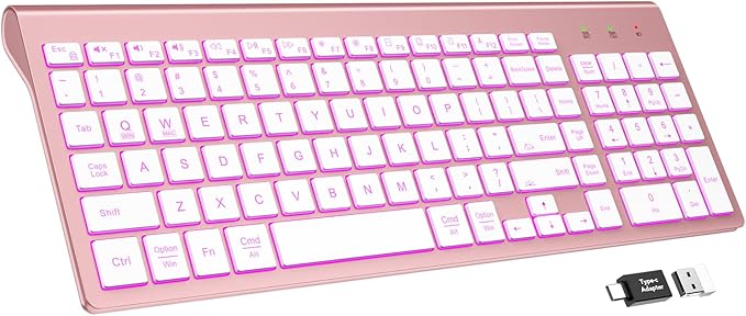 SABLUTE Wireless Keyboard with 7 Colored Backlits, Rechargeable Silent Compact Cordless Computer Keyboard with Low Profile Quiet Light Up Keys for Windows, PC, Linux, Chrome, Mac (Rose Gold)