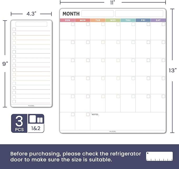 Magnetic Dry Erase Refrigerator Calendar, Vertical Monthly Planner Whiteboard for Fridge, Includes Fridge Calendar & 2 List White Boards, 4 Markers + Eraser