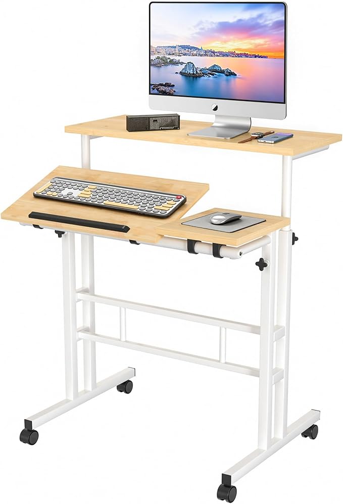 VECELO Mobile Small Standing Desk Adjustable Height, Computer Workstations with Tiltable Tabletop, Lockable Wheels, Portable Rolling Laptop Desk for Home Office, Oak