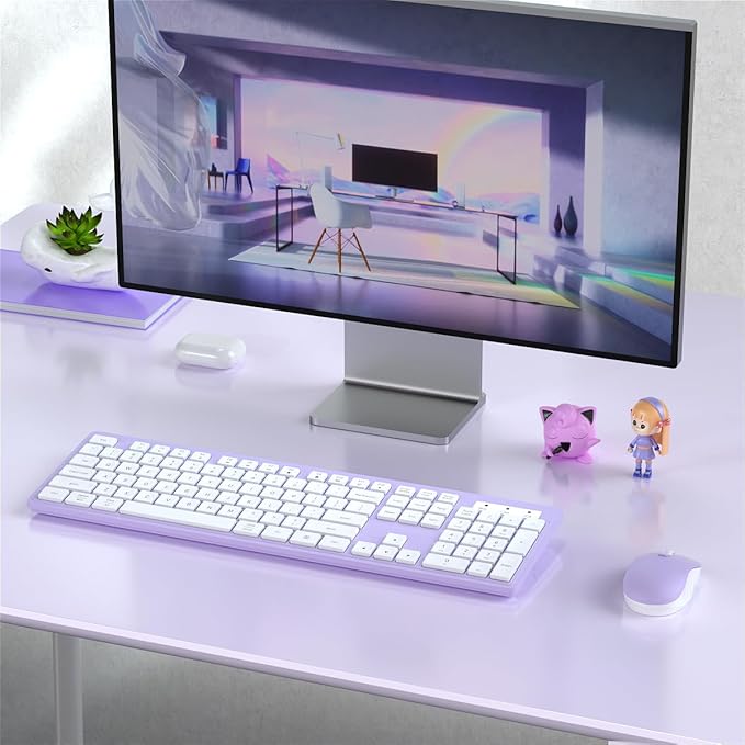 Wireless Keyboard and Mouse, 2.4GHz Cordless Keyboard Mouse Combo, Optical Mouse, Plug and Play USB Receiver, Compatible with Windows, Mac, Laptop, and PC（White Purple）