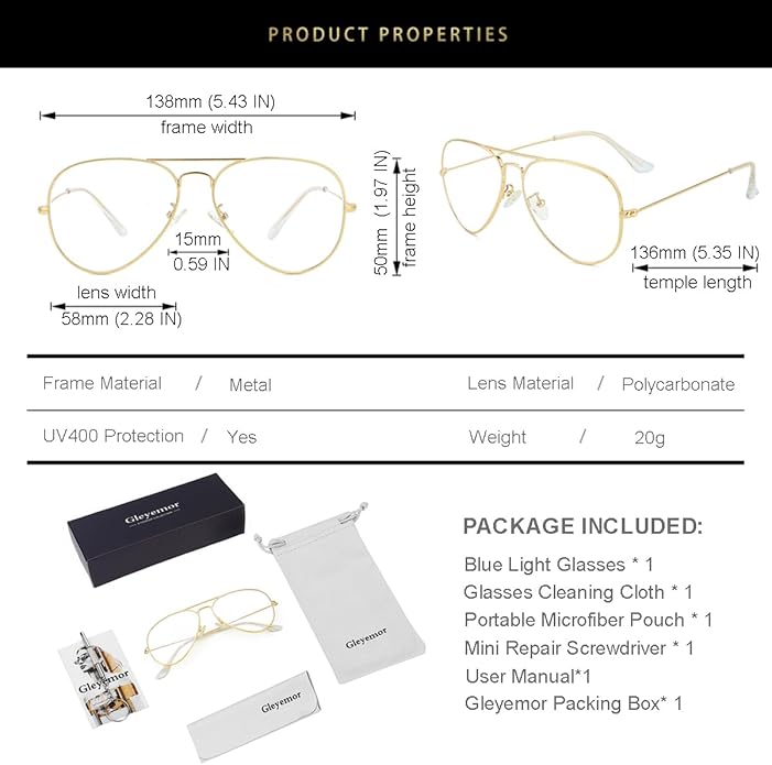 Gleyemor Blue Light Aviator Glasses for Women Men, Metal Frame Anti Blue Light Lens Computer Glasses