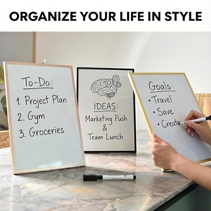 Small Whiteboard 12 x 16 Inch Magnetic Dry Erase Board with Stand & Wall Mount | Rose Gold Aluminum Frame | Planner Board with Weekly & Monthly Sheets | 3 Markers, Eraser & 2 Magnets