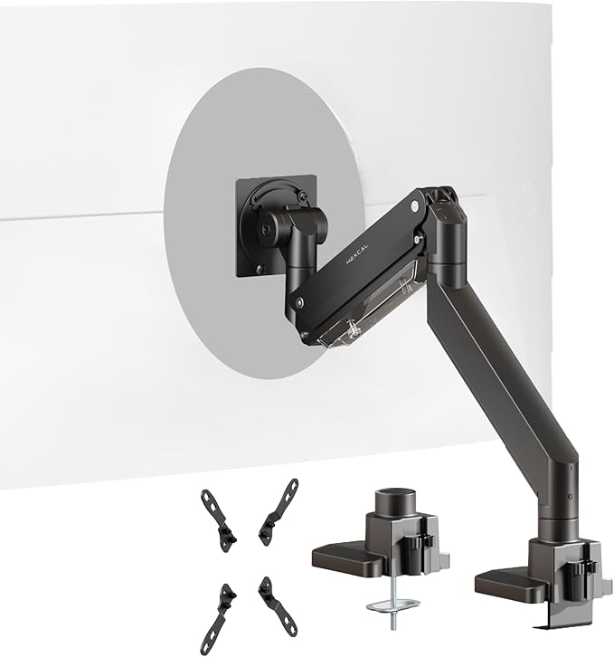 Hexcal Heavy Duty Monitor Arm for 57" Ultrawide Screens, Support up to 59.4 lbs, Full Motion Desk Mount with Quick Release VESA (75/100/200mm), C-Clamp & Grommet Base, Space-Saving Design