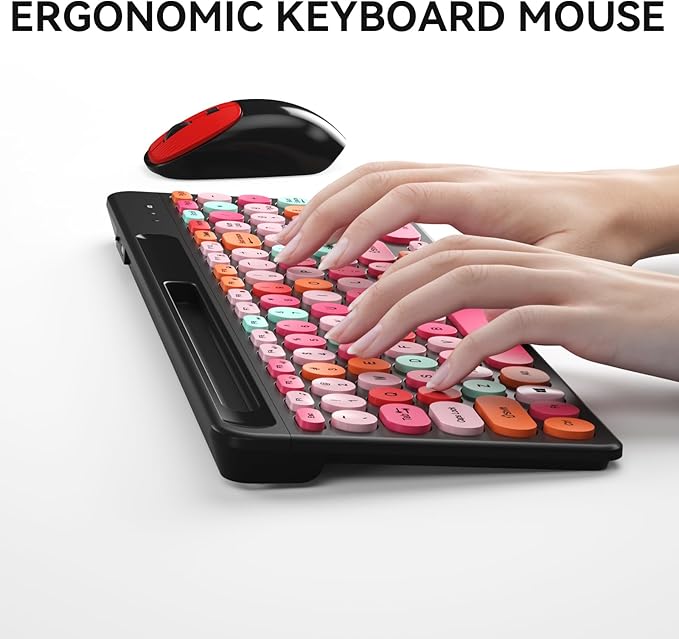 Retro Typewriter Wireless Keyboard with Round Keycaps, 2.4GHz Compact USB Cute Wireless Keyboard and Mouse Combo for Desktop, Laptop and Computer
